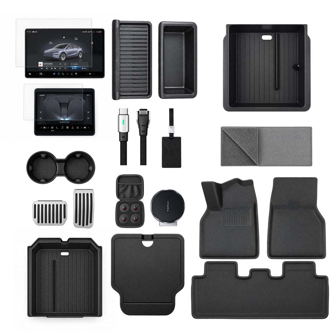 Overview of a Tesla Model Y Premium accessory bundle with screen protectors, storage trays, charging cable, pedal covers and floor mats.