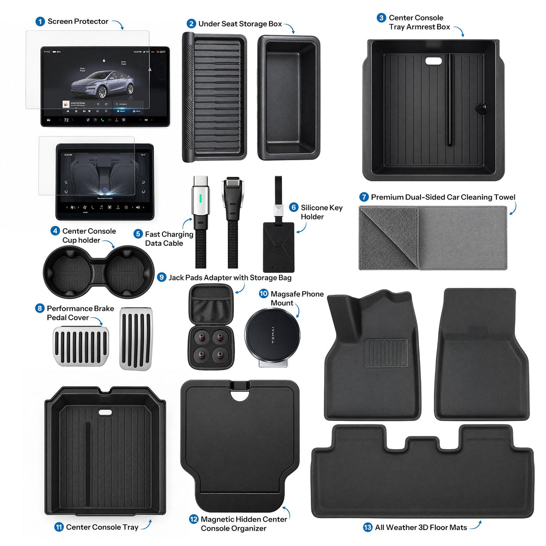Overview of a Tesla Model Y Premium accessory bundle with screen protectors, storage trays, charging cable, pedal covers and floor mats.