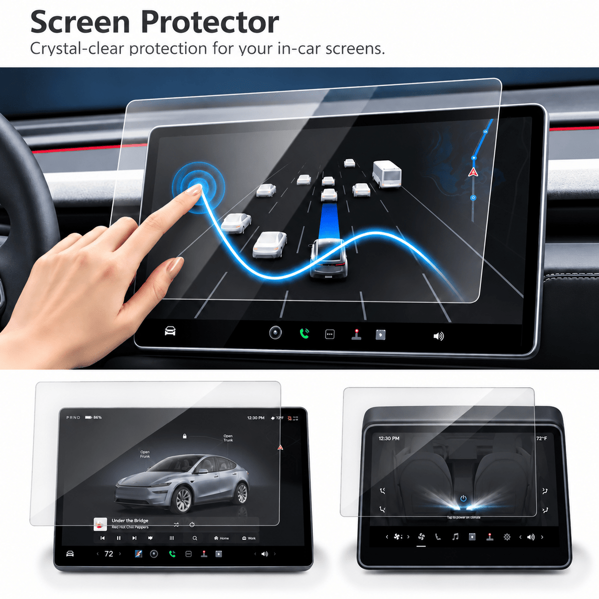 Finger touching a clear screen protector, with separate front and rear display protector illustrations below.