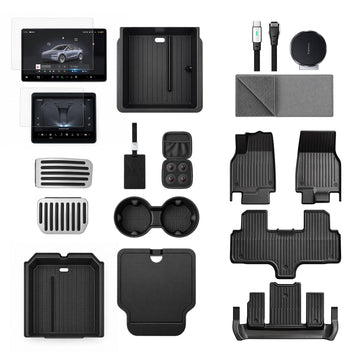 Accessory bundle collage with screen protectors, console organizers, charging cable, pedals, towel, jack pads, phone mount and floor mats.