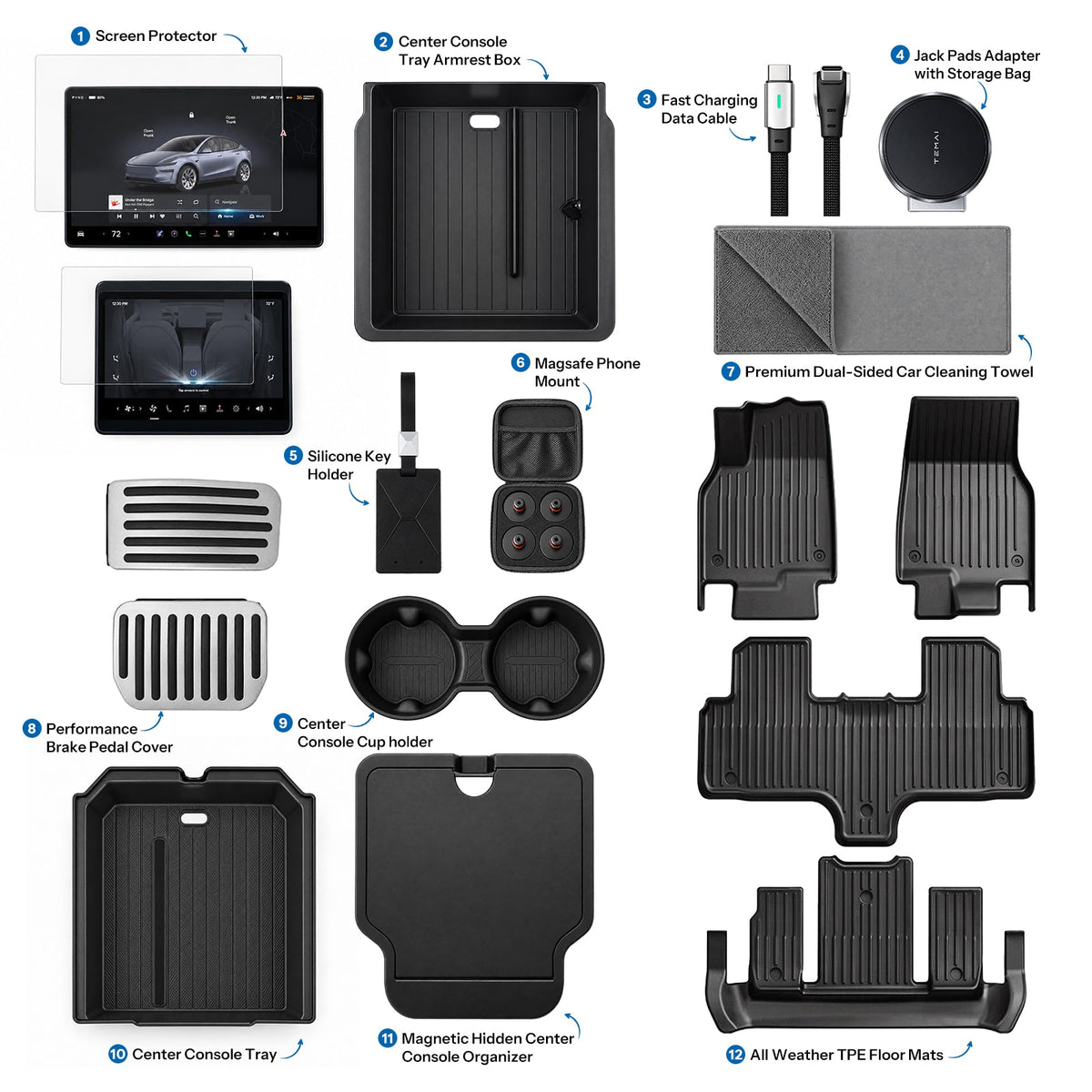Numbered collage showing the twelve accessory categories in the Model YL starter bundle.