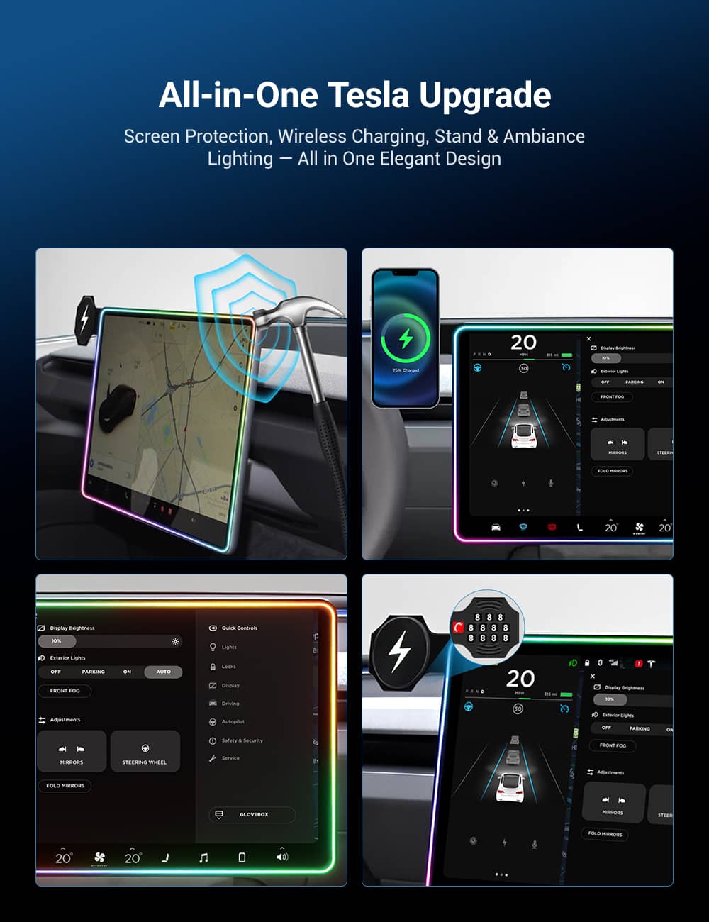 Ambient Light Screen Edge Protector With Wireless Charging Phone Holder for Model 3/Y - Tesery Official Store