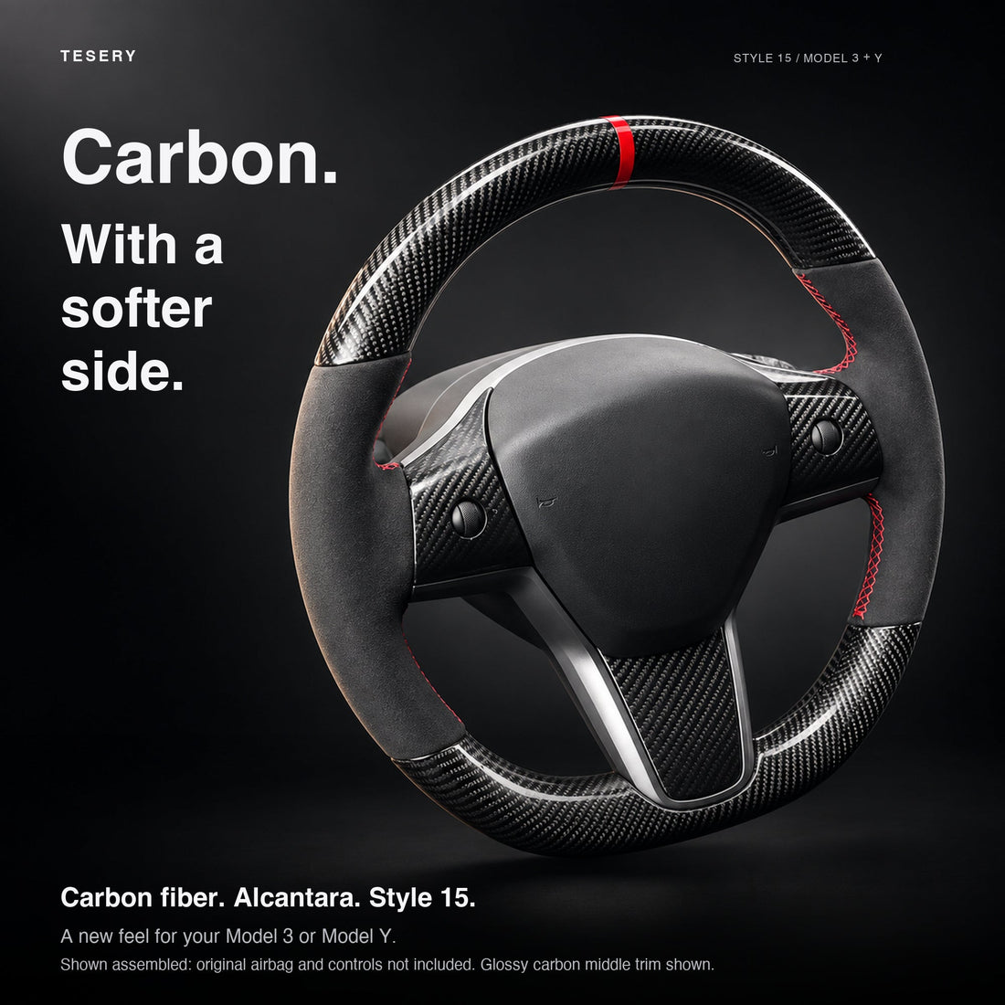 Carbon Fiber Alcantara Round Steering Wheel for Model 3 / Y【Style 15】 - Tesery Official Store