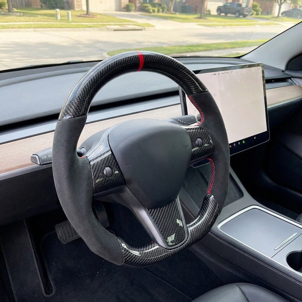 Carbon Fiber Alcantara Round Steering Wheel for Model 3 / Y【Style 15】 - Tesery Official Store