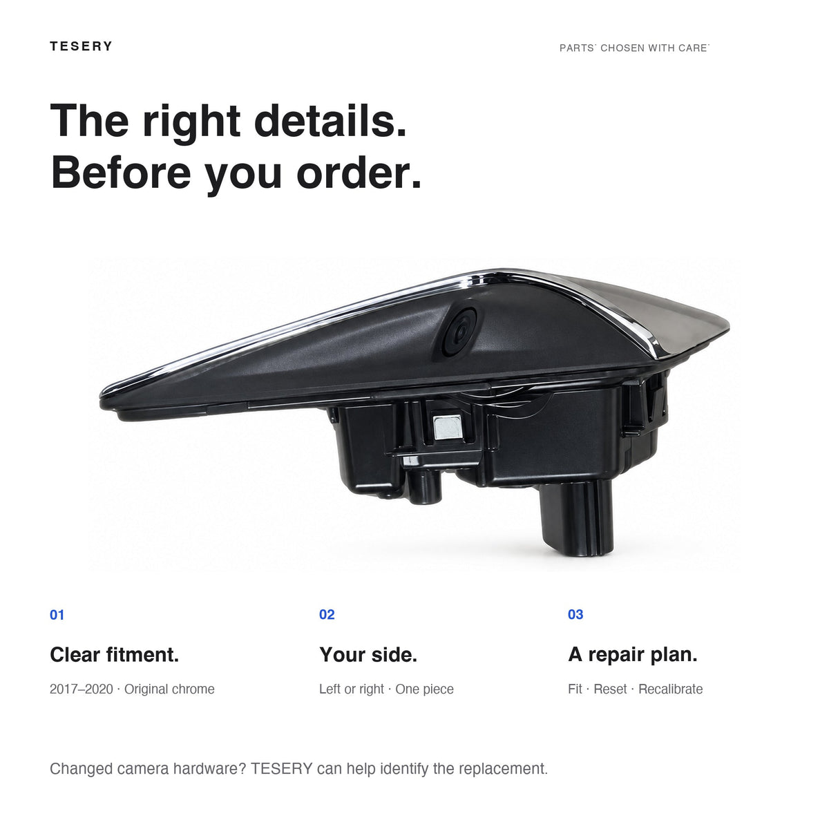 Chrome repeater assembly beside a pre-order checklist for 2017–2020 original-chrome fitment, selected side and installation planning.