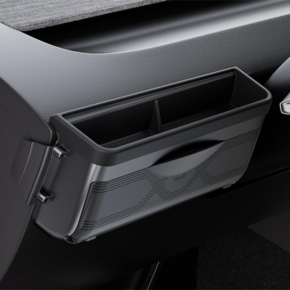 Black dashboard side organizer with a hinged front storage section shown on white