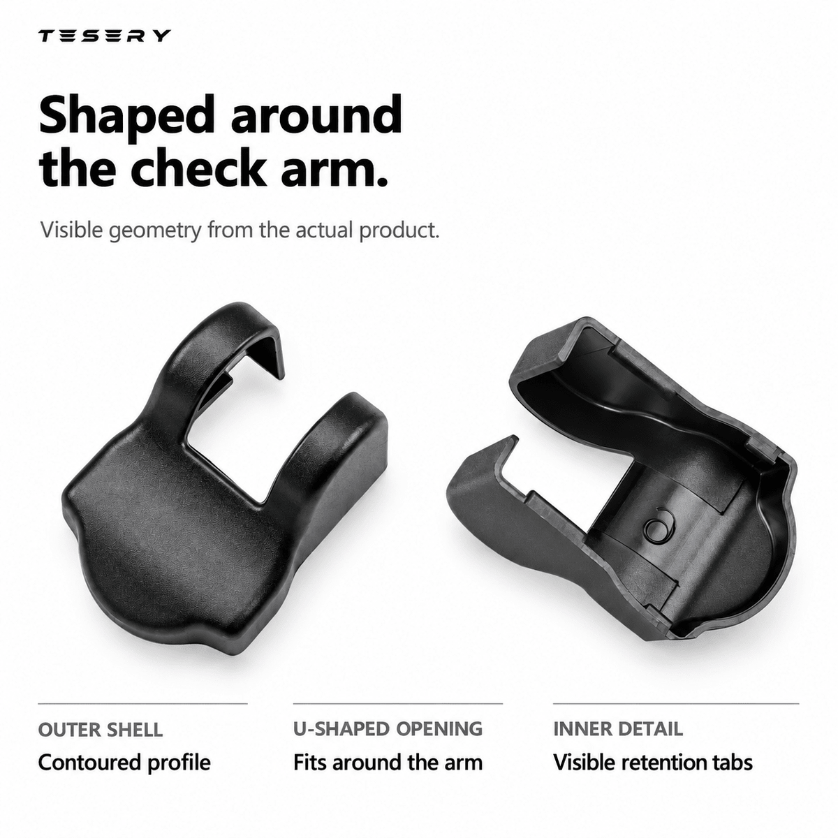 Outer and inner cover views highlighting the U-shaped opening, contoured shell and retention tabs.
