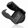 Interior view of a black door check-arm cover showing its molded cavity and retaining tabs.