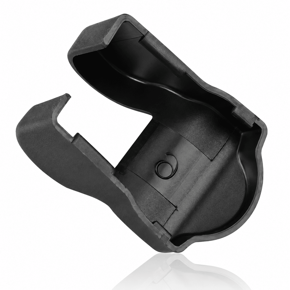 Interior view of a black door check-arm cover showing its molded cavity and retaining tabs.