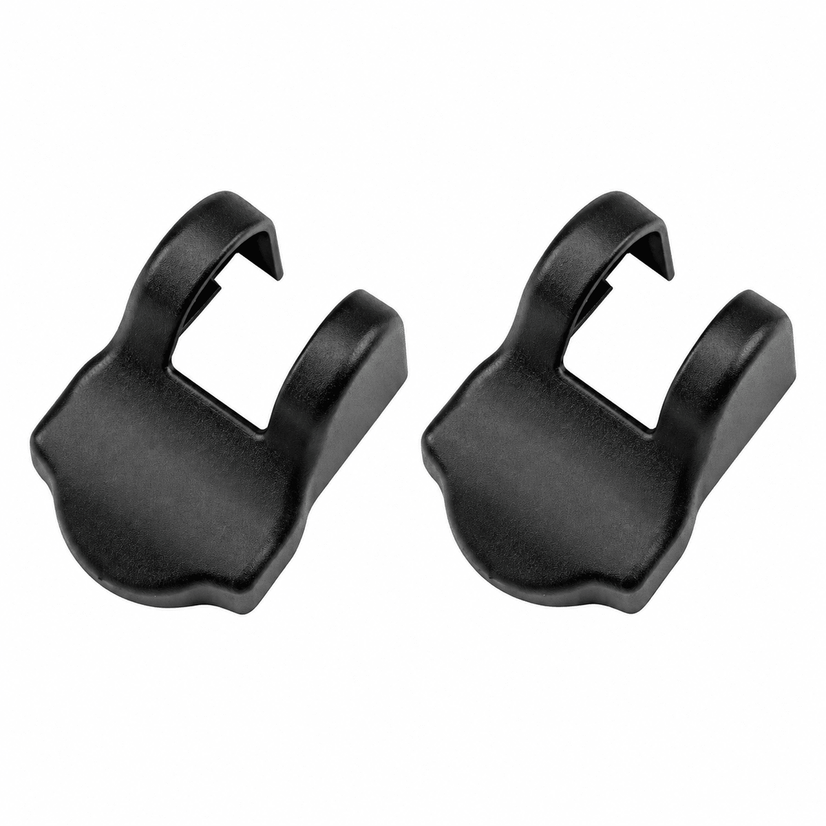 Pair of black door check-arm covers with upward-curving sides and U-shaped openings.