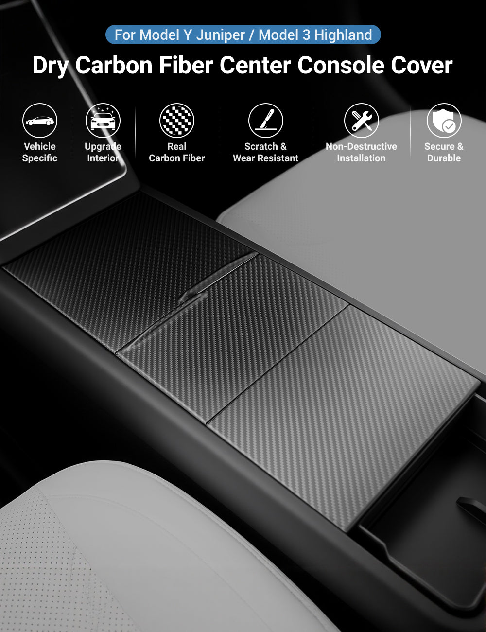 Dry Carbon Fiber Center Console Cover For Tesla Model Y Juniper / Model 3 Highland - Tesery Official Store