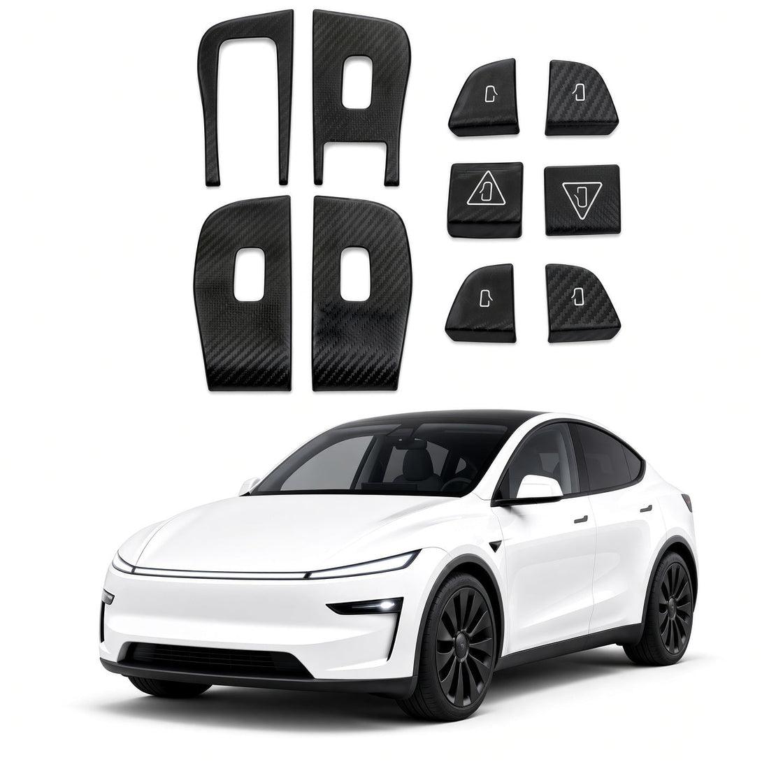 Ten carbon-weave door-control covers arranged above a white Model Y Juniper, including four panel surrounds and six smaller covers.