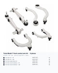Tesla Model Y 6-piece front control arm kit with OE numbers 1044321-00-G, 1044326-00-G, 1188341-00-C, 1044354-00-A, 1044359-00-A. Fits 2020-2024, not Juniper or Model 3.