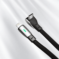 Lightning device connector beside a right-angle USB-C plug on braided black cable.