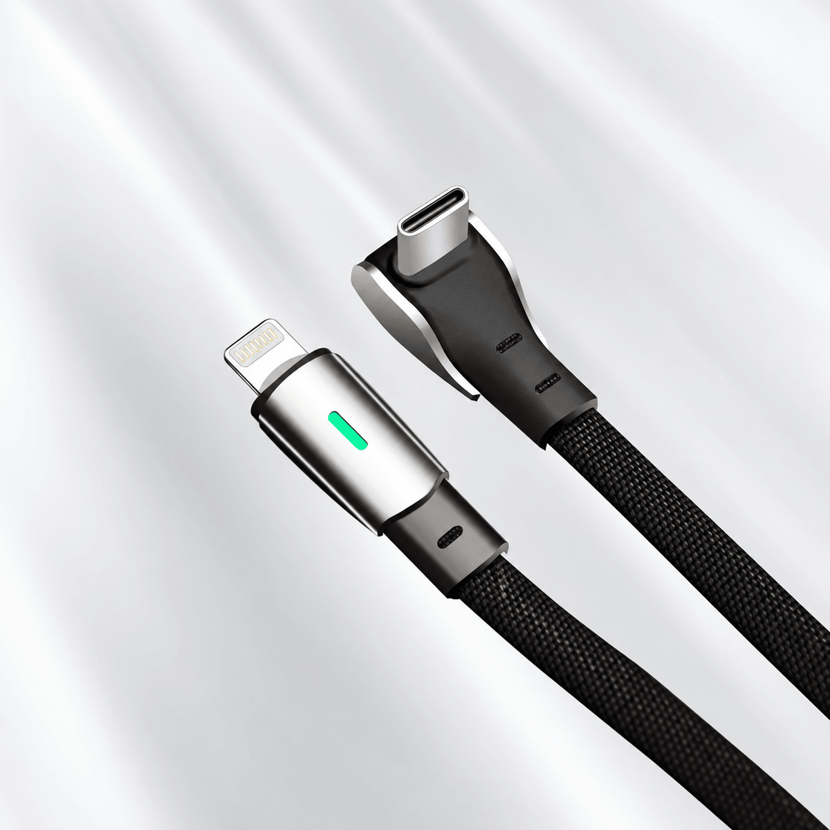 Lightning device connector beside a right-angle USB-C plug on braided black cable.