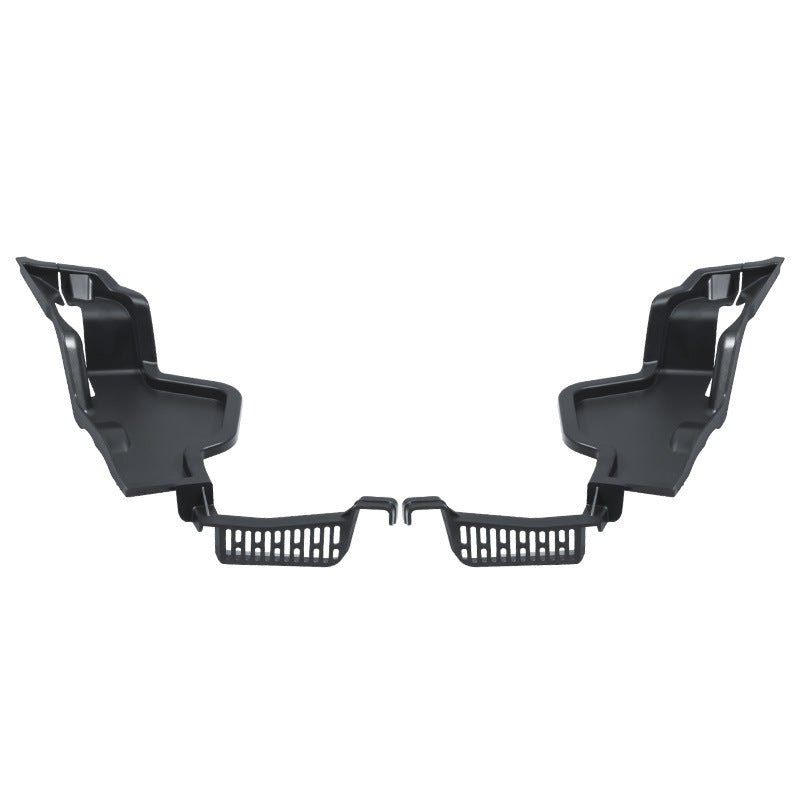 Pair of black front-trunk drain-channel guards with molded brackets and perforated lower baskets.