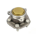 Angled view of the hub-bearing assembly with a gold-colored center cap and mounting flange.