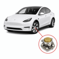 White Model Y with a line from its front wheel to an inset of a hub-bearing assembly.