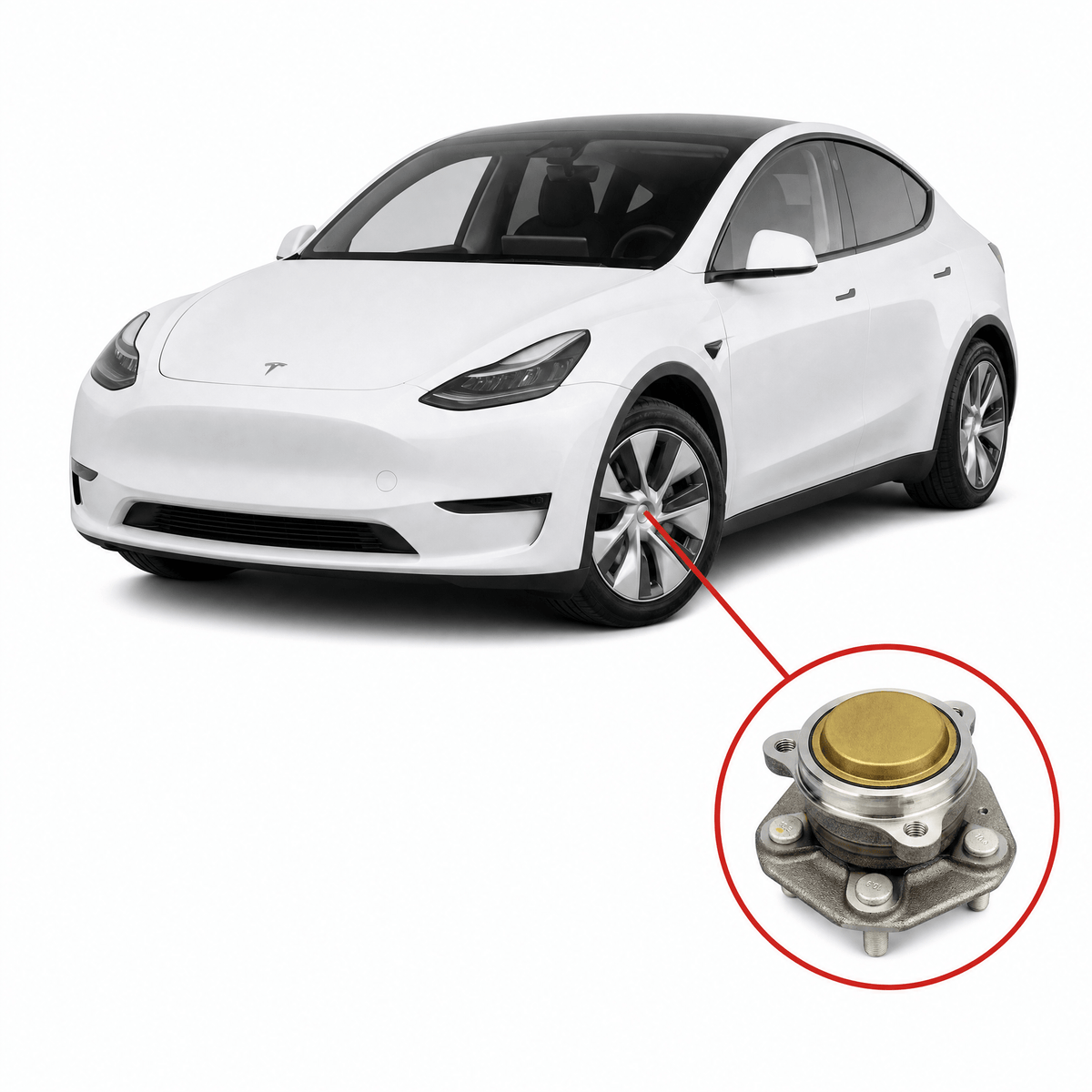 White Model Y with a line from its front wheel to an inset of a hub-bearing assembly.