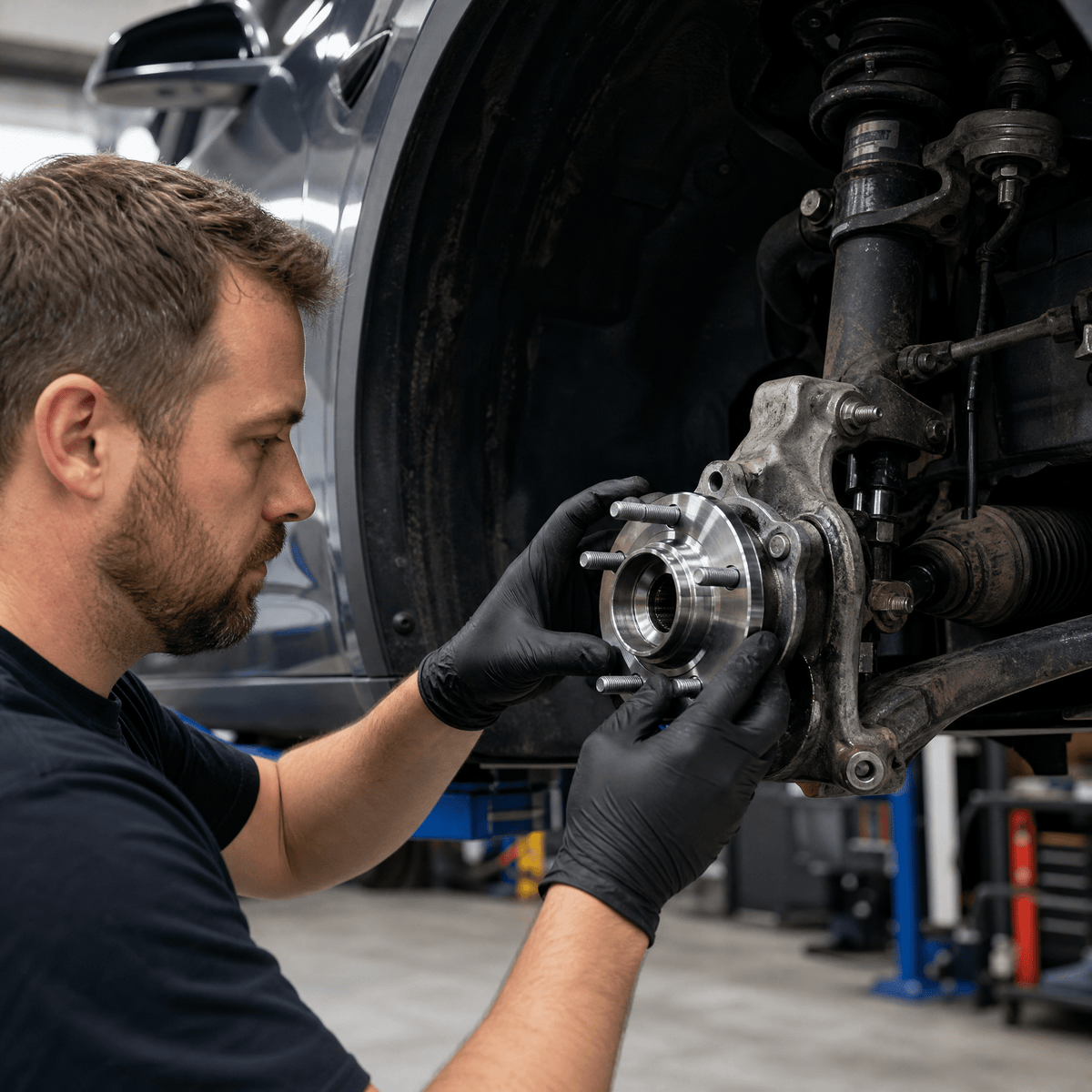 Mechanic holding a hub assembly against an exposed wheel mounting area with the wheel removed.