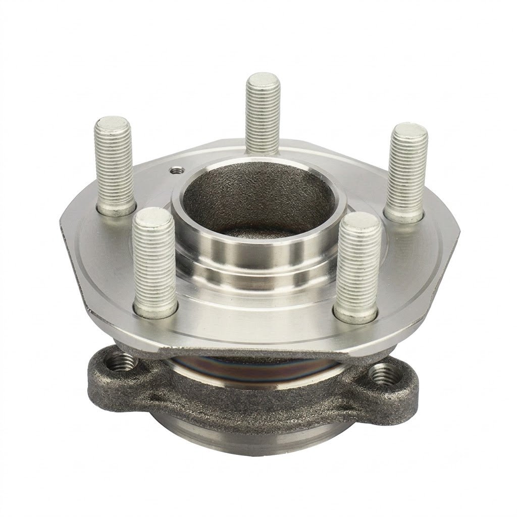 Wheel-facing side of the hub with five threaded studs surrounding the circular center bore.