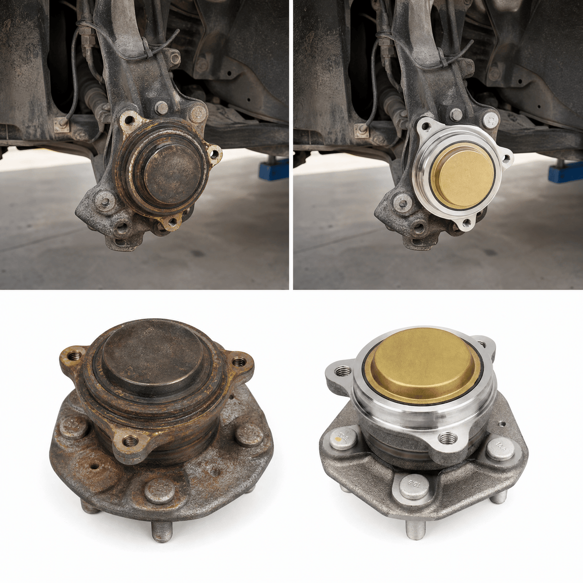 Comparison of a rusty hub and clean replacement, shown both on the vehicle and as separate parts.