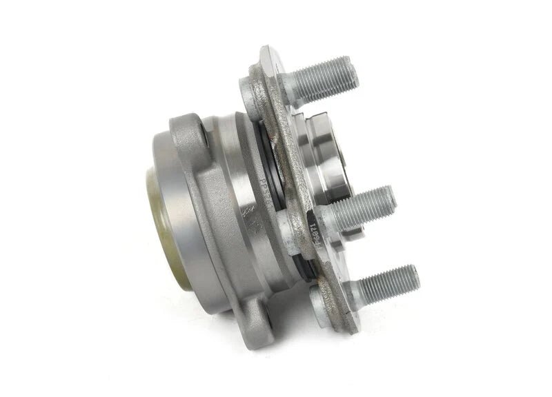 Tilted side view of the separate hub assembly showing its studs and layered bearing housing.
