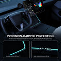 Charging-area ambient light with close-ups of its illuminated carved edge and LAUNCH detail