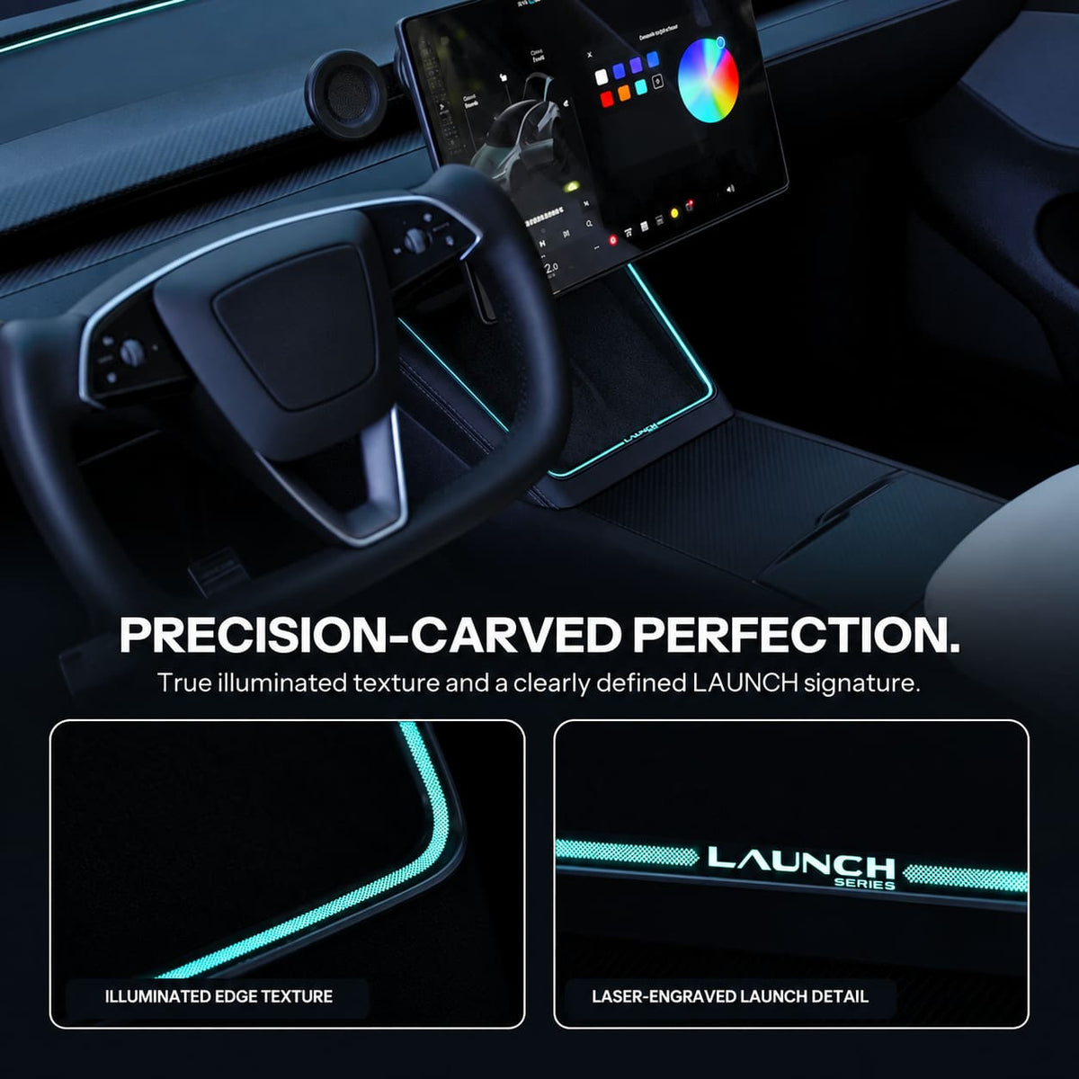 Charging-area ambient light with close-ups of its illuminated carved edge and LAUNCH detail