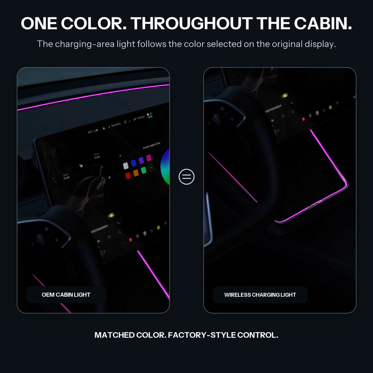 Matched purple dashboard and wireless charging-area lighting shown beside the screen color controls