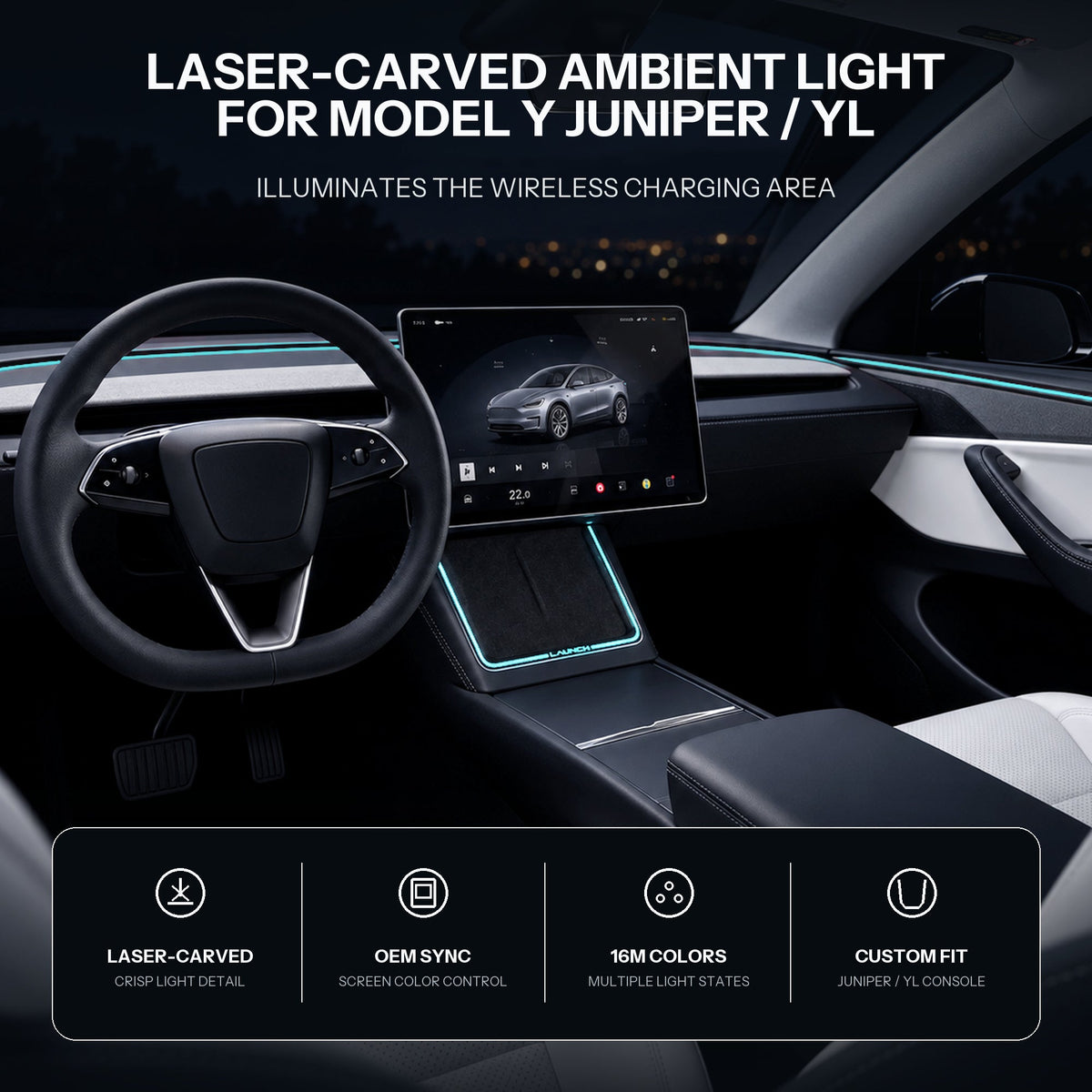 Installed charging-area light frame beneath the center screen with feature icons
