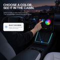 Hand selecting a color on the Tesla screen with an arrow linking it to the charging-area light