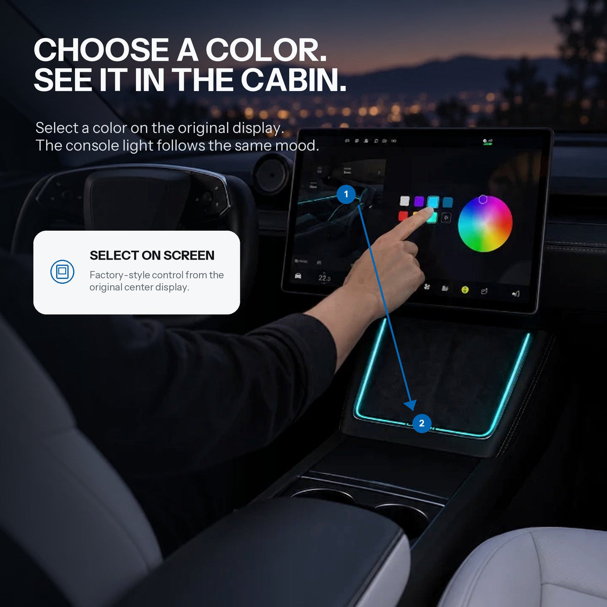 Hand selecting a color on the Tesla screen with an arrow linking it to the charging-area light