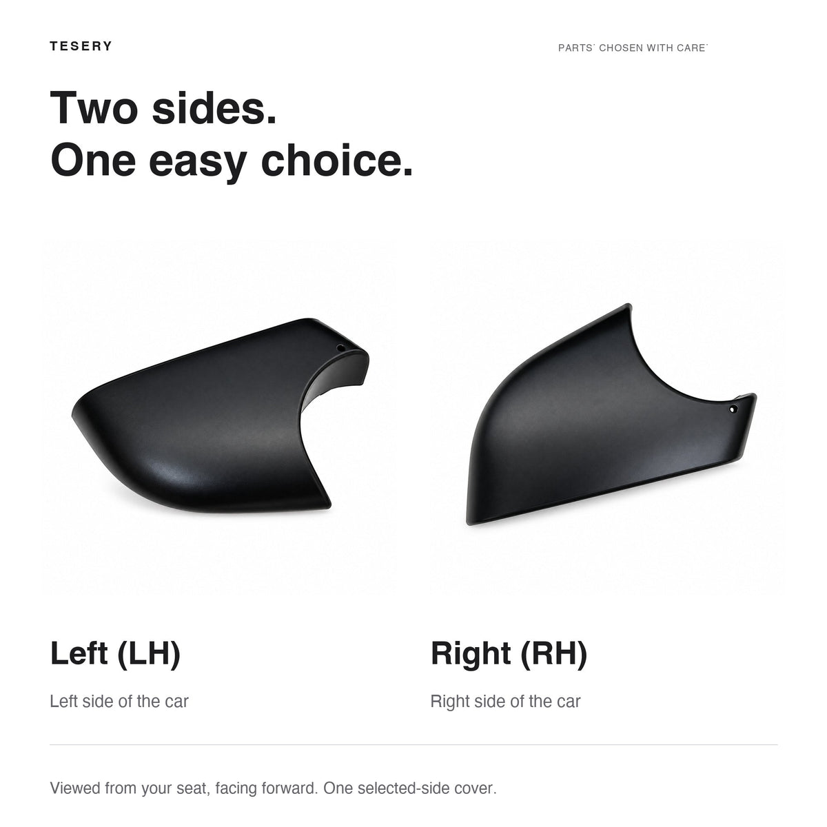 Left and right lower mirror shells labeled LH and RH, with guidance to choose the side from the seated position