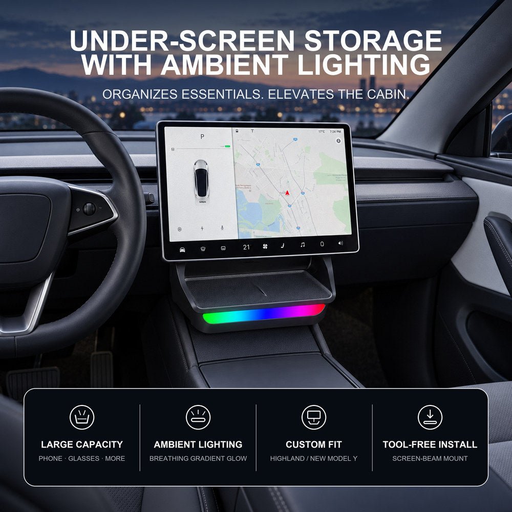 Model 3 Highland / New Model Y Under Screen Storage Box Center Console Organizer With Ambient Lighting - Tesery Official Store