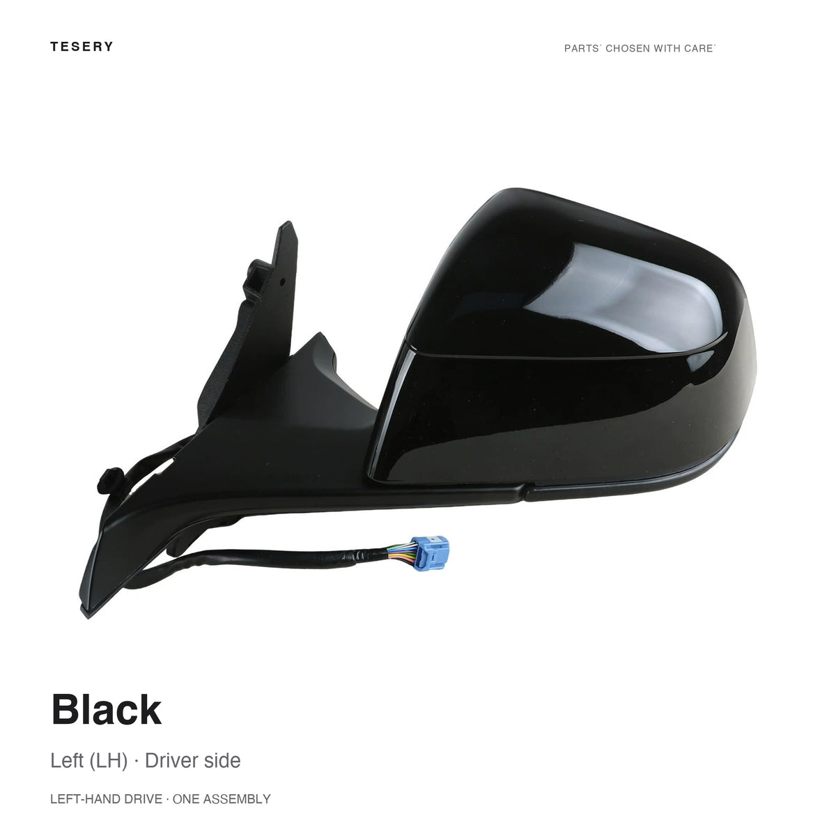 Black LH complete side mirror assembly for Tesla Model Y Juniper and Model YL, painted housing with mounting base and wiring