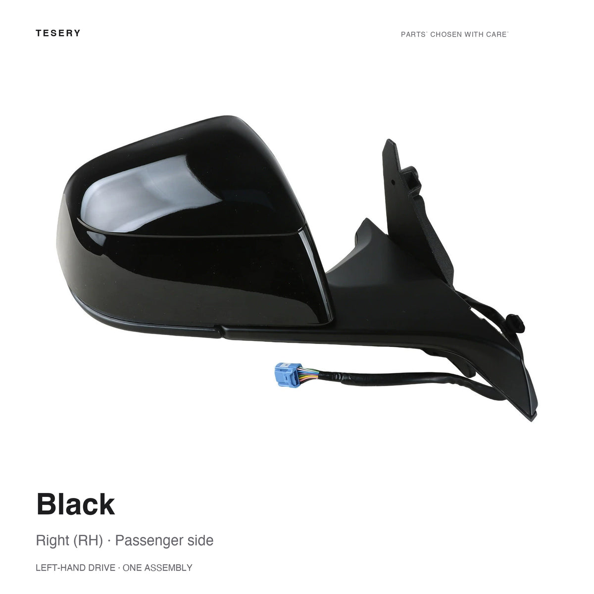 Black RH complete side mirror assembly for Tesla Model Y Juniper and Model YL, painted housing with mounting base and wiring