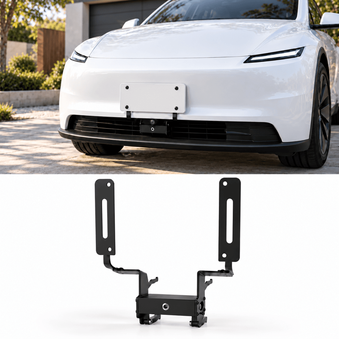 White Model Y Standard with a front plate mounted above the grille, with the separate black bracket assembly pictured below.