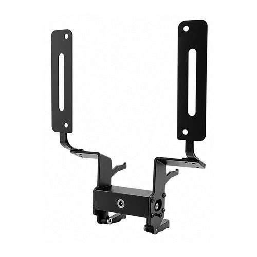 Black front license plate bracket with two slotted upright arms and a lower crossbar and clamping mechanism.