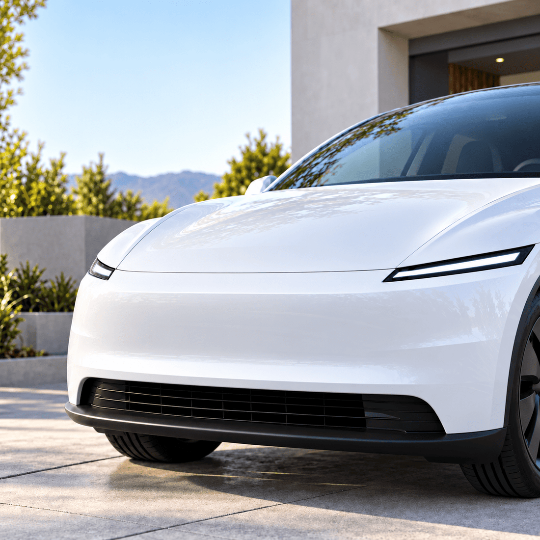 White Model Y Standard with a front plate mounted above the grille, with the separate black bracket assembly pictured below.