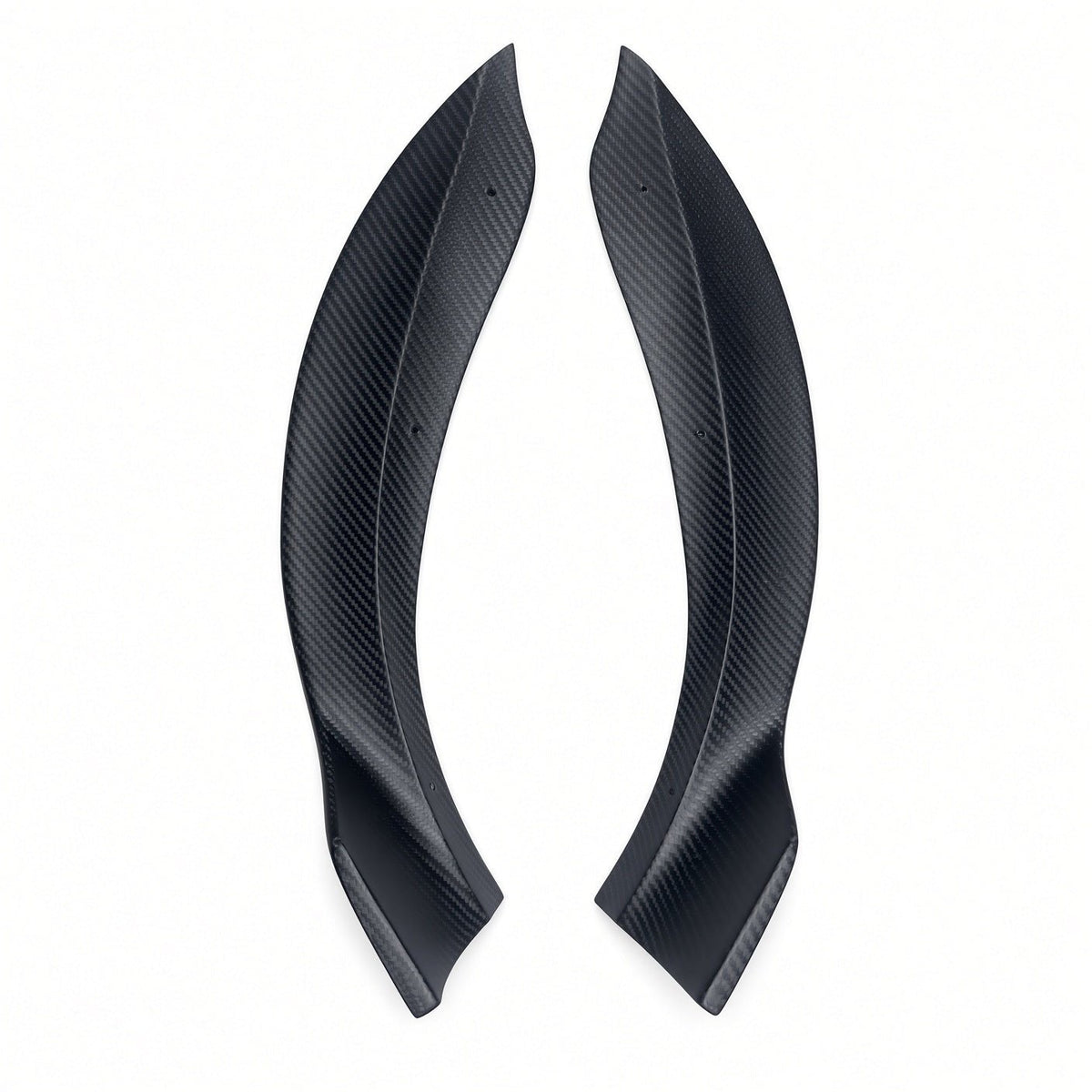 Pair of matte carbon-fiber front bumper corner trim pieces shown lengthwise