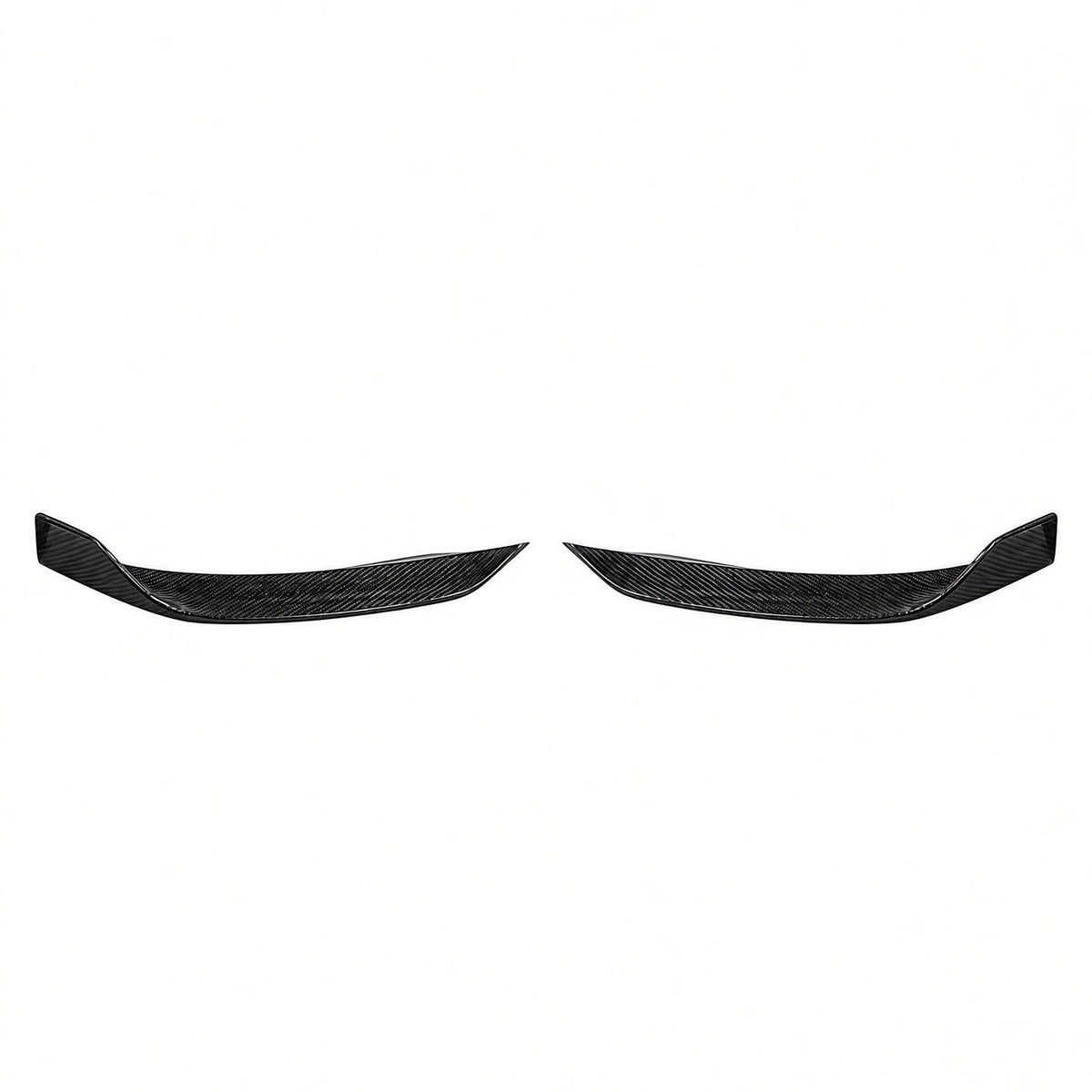 Pair of curved carbon-fiber front bumper corner trim pieces on a white background