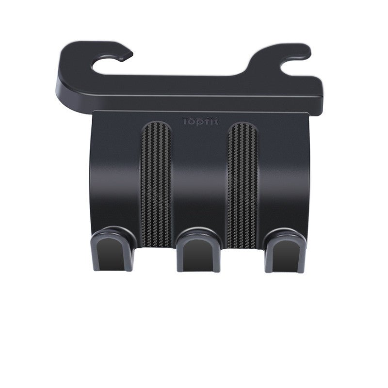 Black seatback hook plate with two upper mounting slots and three curved lower hooks.