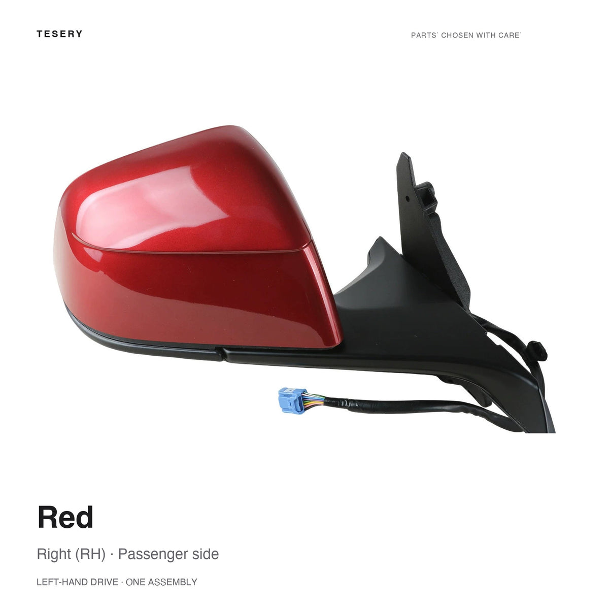 Red right side mirror assembly for Tesla, with a black mounting base and wiring harness, labeled for left-hand-drive vehicles.