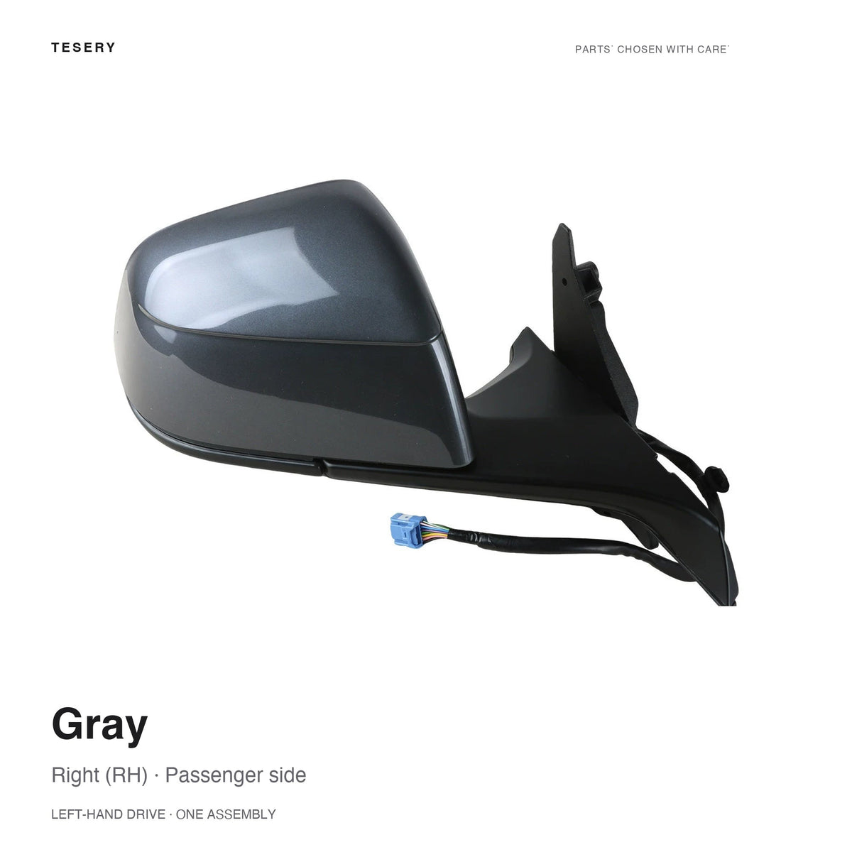 Gray right side mirror assembly for Tesla, with a black mounting base and wiring harness, labeled for left-hand-drive vehicles.