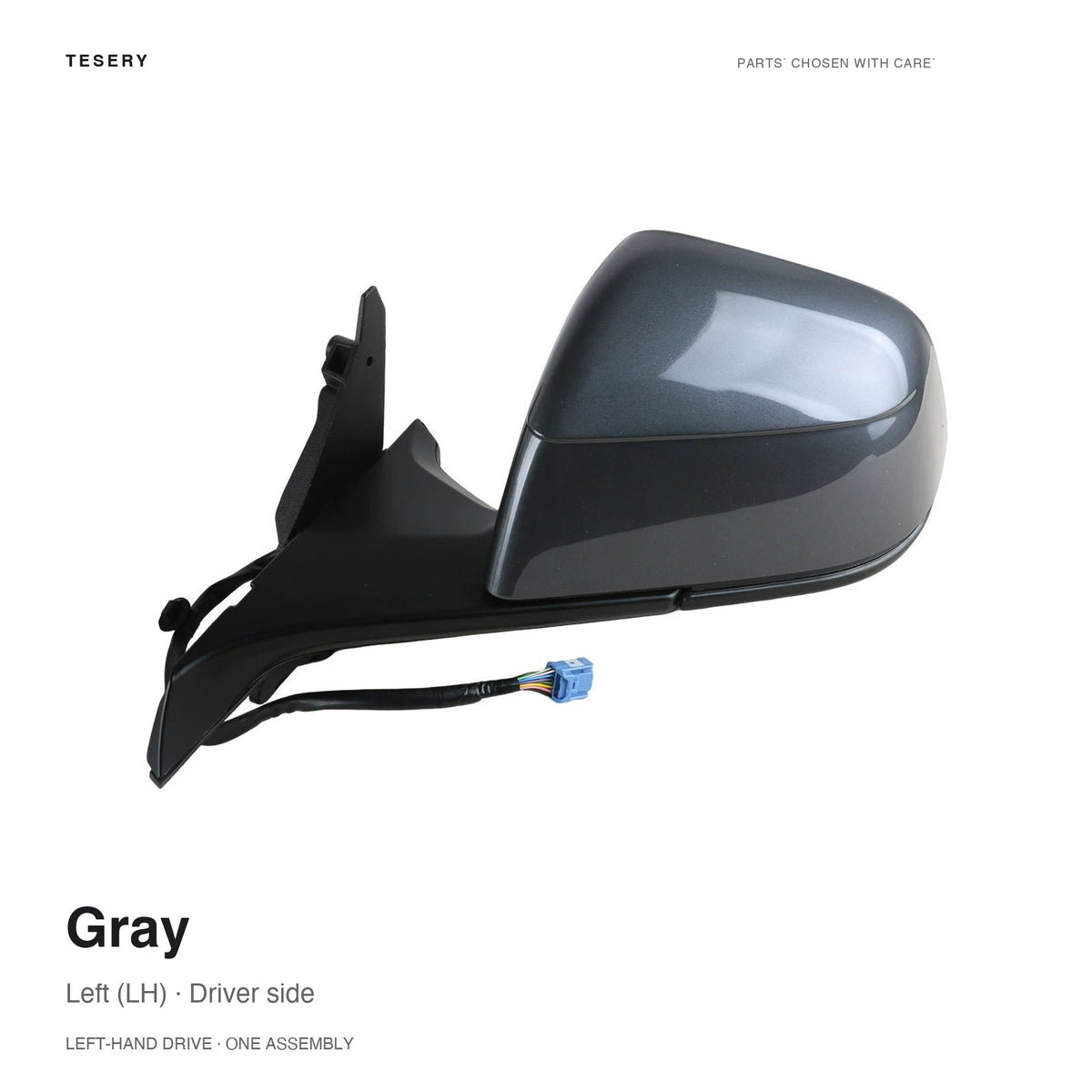 Gray left side mirror assembly for Tesla, with a black mounting base and wiring harness, labeled for left-hand-drive vehicles.