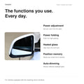 Installed white Tesla side mirror alongside a list of adjustment, folding, heating, memory and auto-dimming functions.