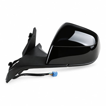 Black side mirror assembly for Tesla Model Y Juniper and Model YL, showing the housing, mounting base and blue wiring connector.