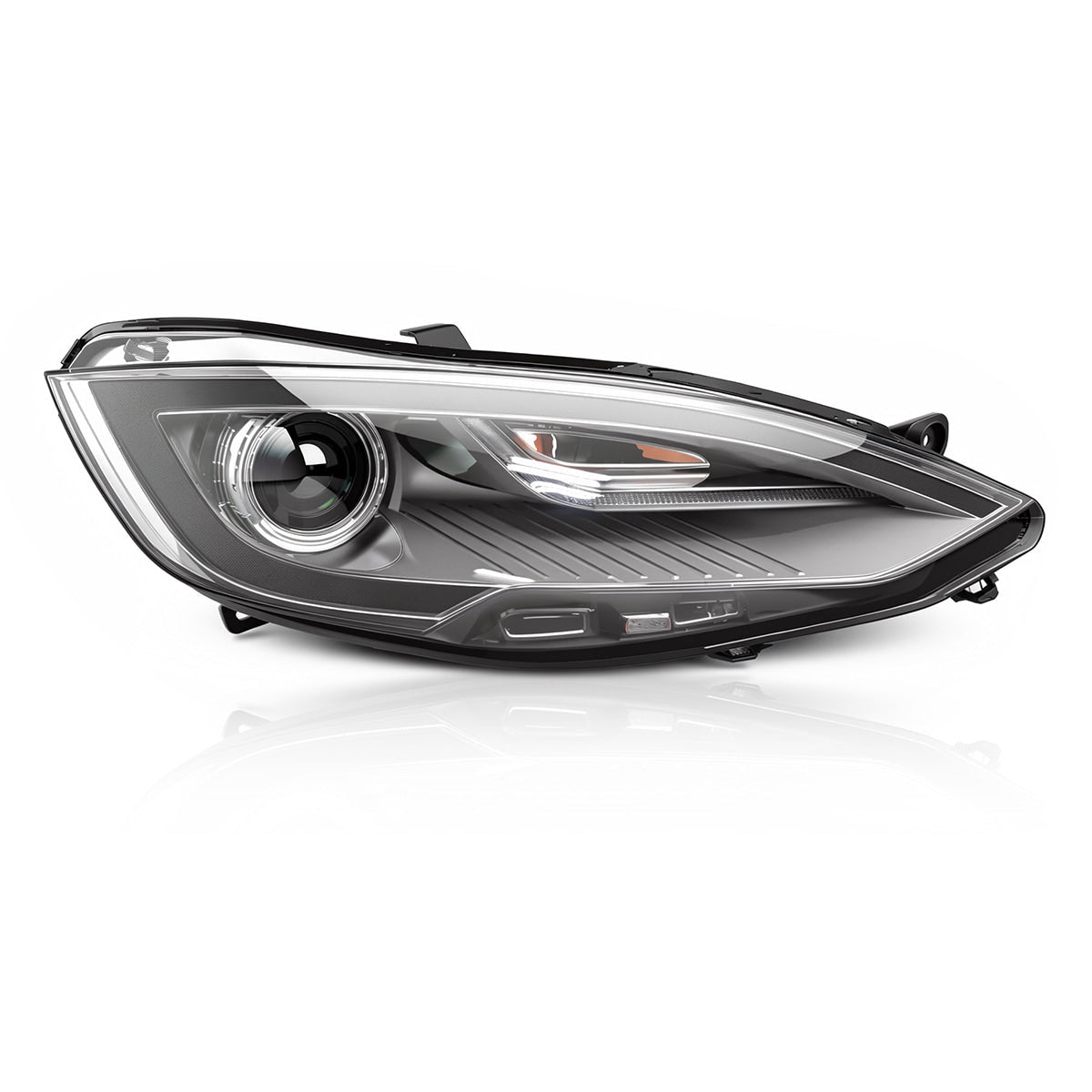 Single headlight assembly with its projector lens at the left side of the image.