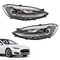 Pair of tapered projector-headlight assemblies above a white early Model S reference image.